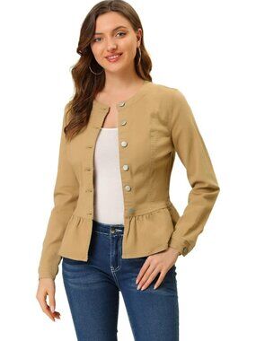 Women's Khaki Denim Collarless Round Neck Button Down Cropped Ruffle Hem Jacket